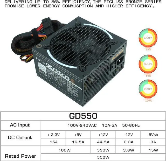 Alt view image 2 of 7 - Ptcliss 550W GD550S ATX Gaming PC Power Supply 80+ Bronze PSU Non-Modular Power Supply Flat Black Cables