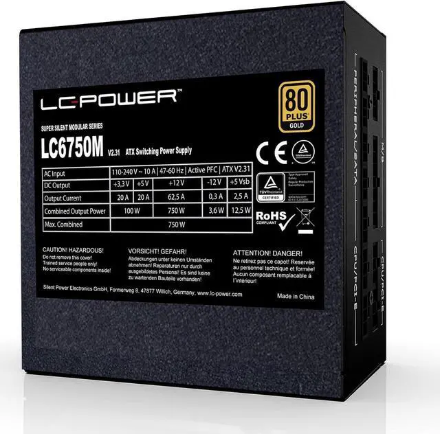 Alt view image 2 of 7 - LC-Power PC 750W Power Supply, Super Silent Modular Serie 80+ Gold, Full Modular PSU 750 Watt, Active PFC ATX, 120mm Fan LC6750M (750W)