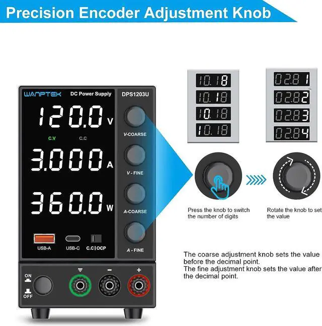 Alt view image 2 of 7 - DC Power Supply Variable, Adjustable Switching Regulated Power Supply (0-120 V 0-3A) with Encoder Coarse & Fine Adjustments Knob, Beach Power Supply with USB & Type-C Quick-Charge Interface