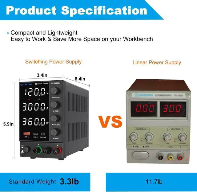 Alt view image 4 of 7 - DC Power Supply Variable, Adjustable Switching Regulated Power Supply (0-120 V 0-3A) with Encoder Coarse & Fine Adjustments Knob, Beach Power Supply with USB & Type-C Quick-Charge Interface