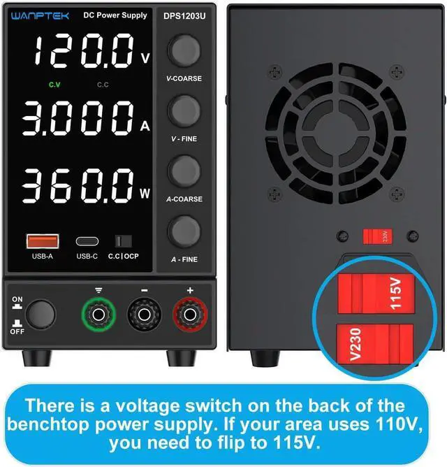 Alt view image 5 of 7 - DC Power Supply Variable, Adjustable Switching Regulated Power Supply (0-120 V 0-3A) with Encoder Coarse & Fine Adjustments Knob, Beach Power Supply with USB & Type-C Quick-Charge Interface