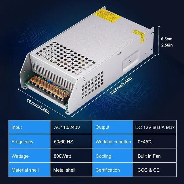 Alt view image 2 of 7 - EXENWING 12V 800W Universal Switching Power Supply Mode AC 110V 220V to DC 12Volt Converter Max Current 66A Regulated Transformer Adapter LED Driver for LED Trips 3D Printer CCTV Camera Diesel Heater