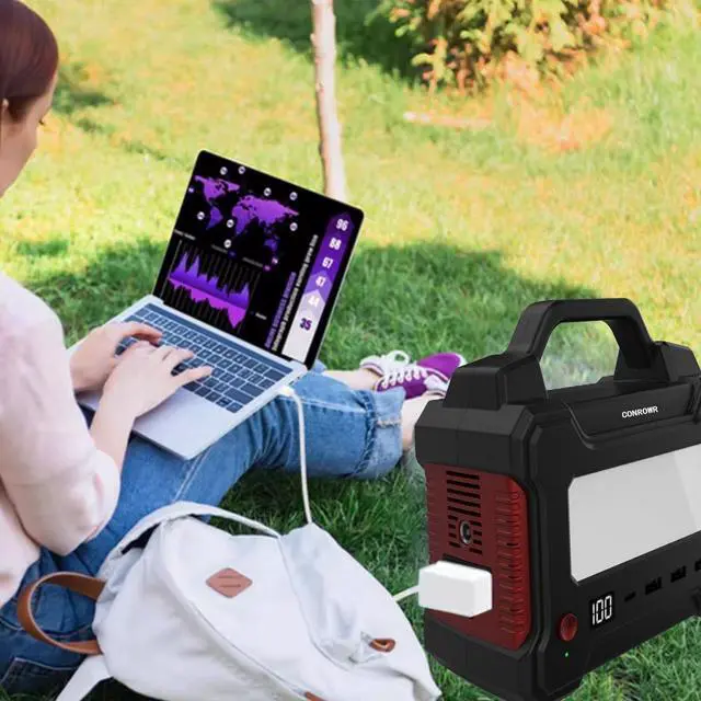 Alt view image 6 of 7 - CONROWR Portable Power Station 150Wh Camping Solar Generator Laptop Charger with 110V 150W Peak AC Outlet, USB Ports LED Flashlights DC Ports for CPAP Home Camping Emergency balck