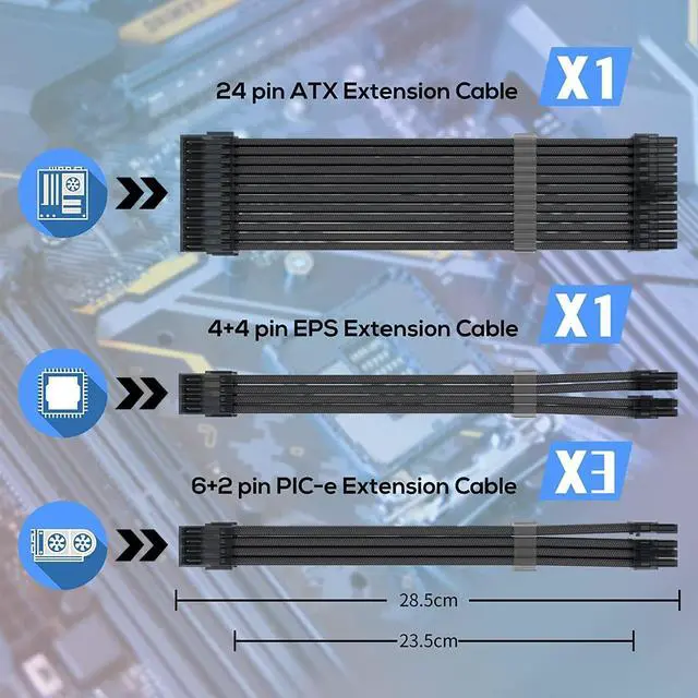 Alt view image 6 of 6 - Qingsea Power Supply Cable Kit 28.5cm Mod Sleeve Extension Sleeved Custom Mod for PSU to Motherboard PC Power Supply Cable (16AWG, Black, 5)