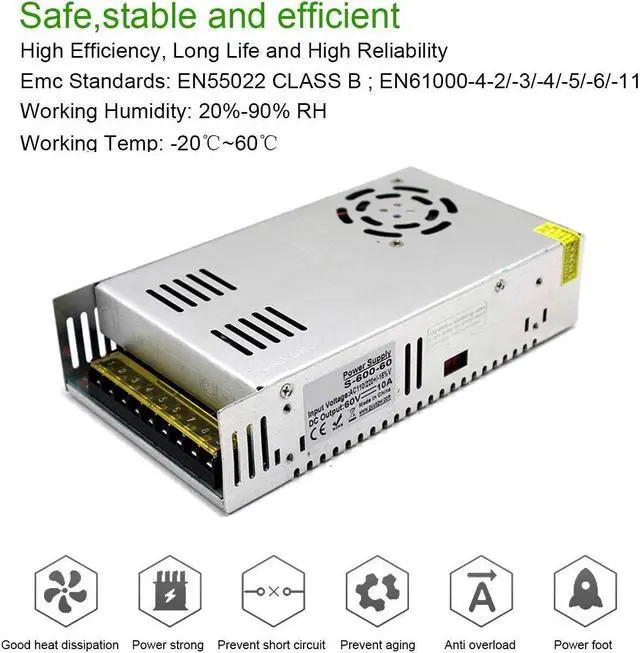 Alt view image 4 of 7 - EAGWELL DC 60V 10A 600W Universal Regulated Switching Power Supply for LED Strip Lights Module,CCTV,Radio,Computer Project, 3D Printer,LED Driver