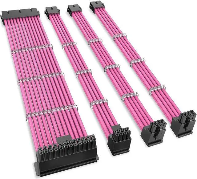 Main image of SYBECHATF Power Supply PSU Sleeved Extension Cable Kit with 90 Degree Right Angle Connector Adapter,ATX/EPS/8 Pin PCIE for PC PSU Cable Pink with Combs 4 Pack 30CM