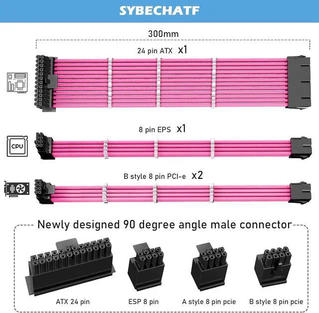 Alt view image 2 of 6 - SYBECHATF Power Supply PSU Sleeved Extension Cable Kit with 90 Degree Right Angle Connector Adapter,ATX/EPS/8 Pin PCIE for PC PSU Cable Pink with Combs 4 Pack 30CM