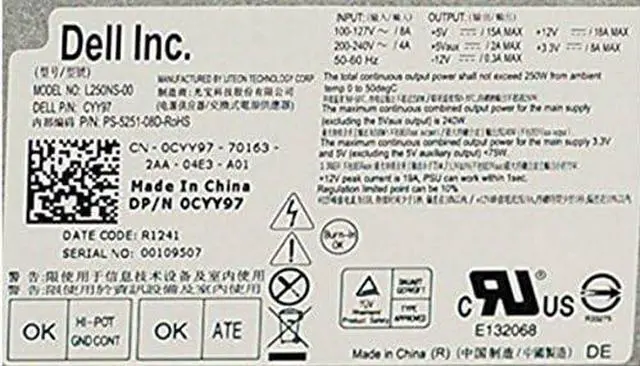 Alt view image 3 of 3 - UpBright 250W Power Supply Unit Compatible with Dell D250ED-00 L250NS-00 H250ED-00 L250AD-00 PS-5251-01D CYY97 7GC81 HY6D2 WX9P8 6MVJH YJ1JT 3MV8H 3WFNF 76VCK 77GHN K2H58 DPS-250AB-67 D250A005L FY9H3