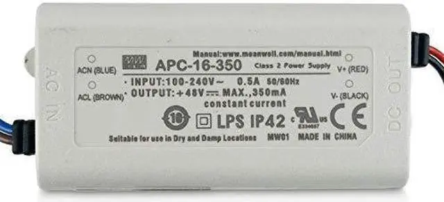 Main image of Kulon Mean Well Power Supply APC-16-350, AC-DC, 12-48V 0.35A Output, 90-264V Input, 16.8W, LED Driver, Constant Current, AP Series (350mA, 60VDC)
