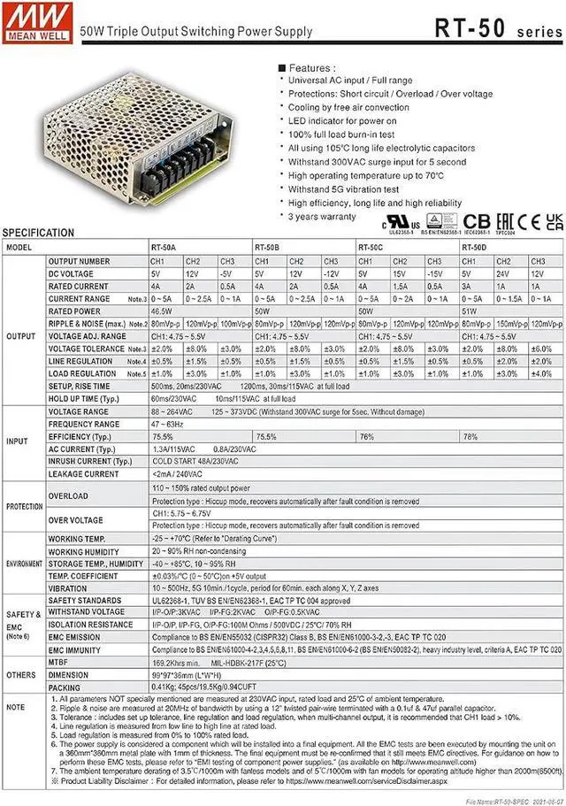 Alt view image 5 of 6 - Original Mean Well 50W 5V 24V 12V Triple Output Switching Power Supply 5V/3A 24V/1A 12V/1A SMPS Enclosed Type Power Supply Unit Transformer Input 88-264Vac