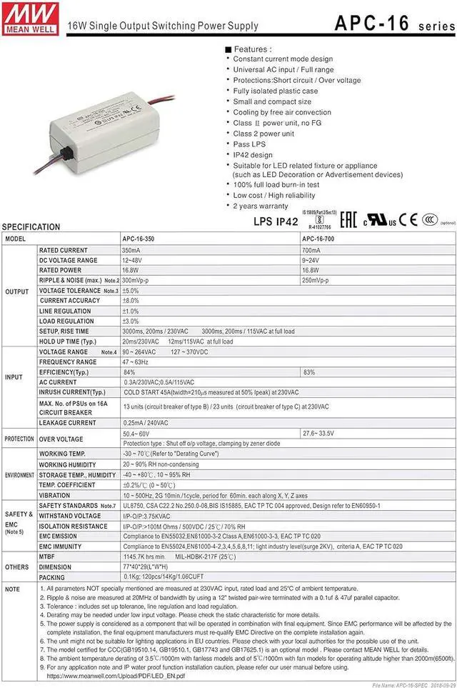 Alt view image 5 of 6 - Kulon Mean Well Power Supply APC-16-350, AC-DC, 12-48V 0.35A Output, 90-264V Input, 16.8W, LED Driver, Constant Current, AP Series (350mA, 60VDC)