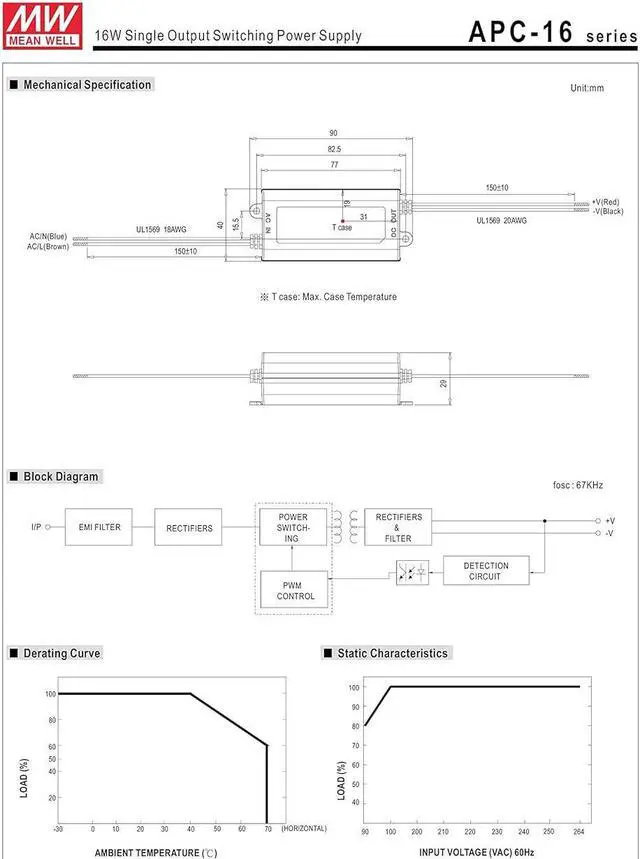Alt view image 6 of 6 - Kulon Mean Well Power Supply APC-16-350, AC-DC, 12-48V 0.35A Output, 90-264V Input, 16.8W, LED Driver, Constant Current, AP Series (350mA, 60VDC)