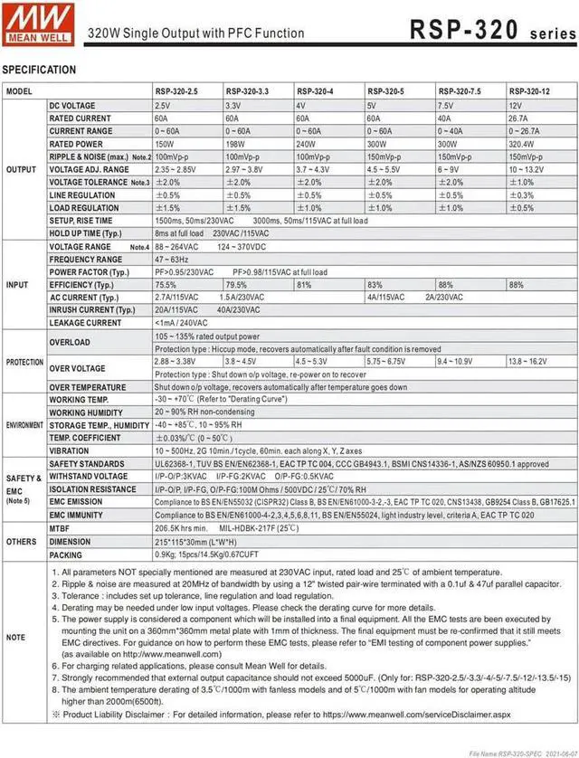 Alt view image 5 of 7 - MW Mean Well Enclosed Type RSP-320W-12/13.5/15/2.5/24/27/3.3/36/4/48/5/7.5V PFC RSP Series 320W Single Output with PFC Power Supply (RSP-320-27)