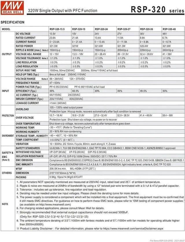 Alt view image 6 of 7 - MW Mean Well Enclosed Type RSP-320W-12/13.5/15/2.5/24/27/3.3/36/4/48/5/7.5V PFC RSP Series 320W Single Output with PFC Power Supply (RSP-320-27)