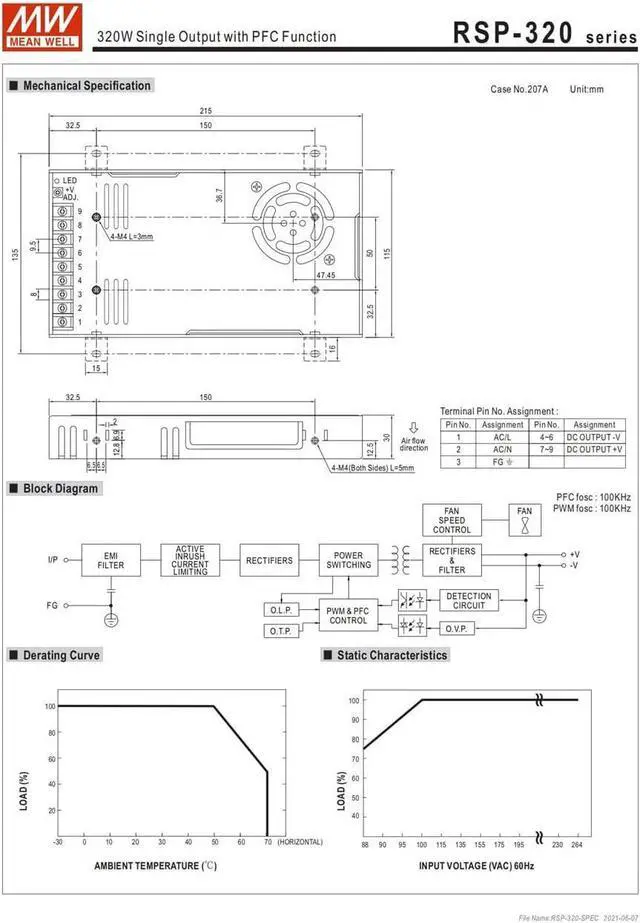 Alt view image 7 of 7 - MW Mean Well Enclosed Type RSP-320W-12/13.5/15/2.5/24/27/3.3/36/4/48/5/7.5V PFC RSP Series 320W Single Output with PFC Power Supply (RSP-320-27)