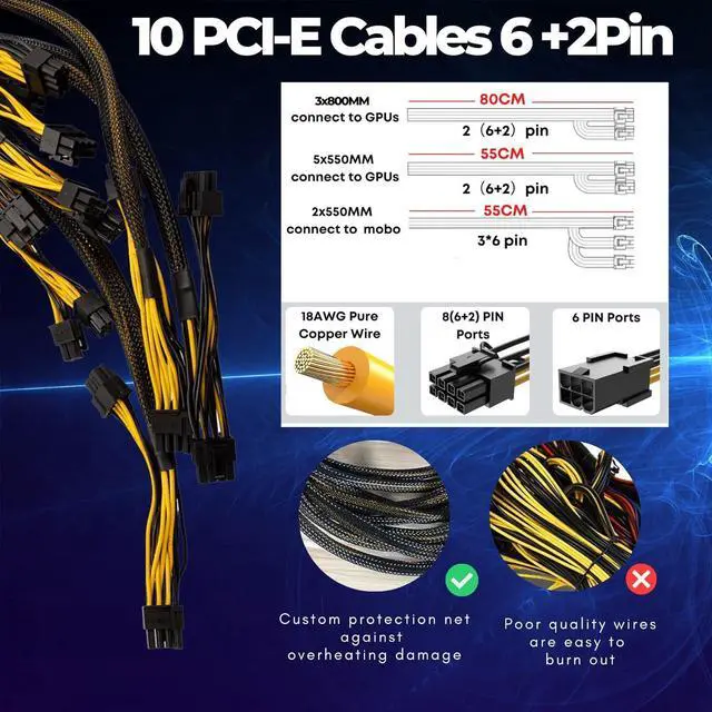 Alt view image 3 of 7 - VTRETU 1800W Mining Power Supply ATX PSU Supports GPU Mining Rig Input110V-220V, Output 1600W-1800W 4U Power Supply Including 10 Connecting Cables and 1 Power Cord