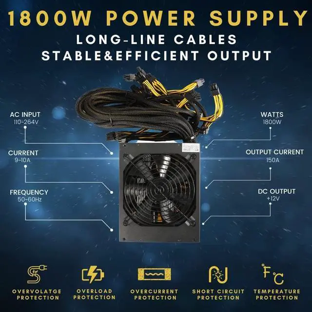 Alt view image 5 of 7 - VTRETU 1800W Mining Power Supply ATX PSU Supports GPU Mining Rig Input110V-220V, Output 1600W-1800W 4U Power Supply Including 10 Connecting Cables and 1 Power Cord