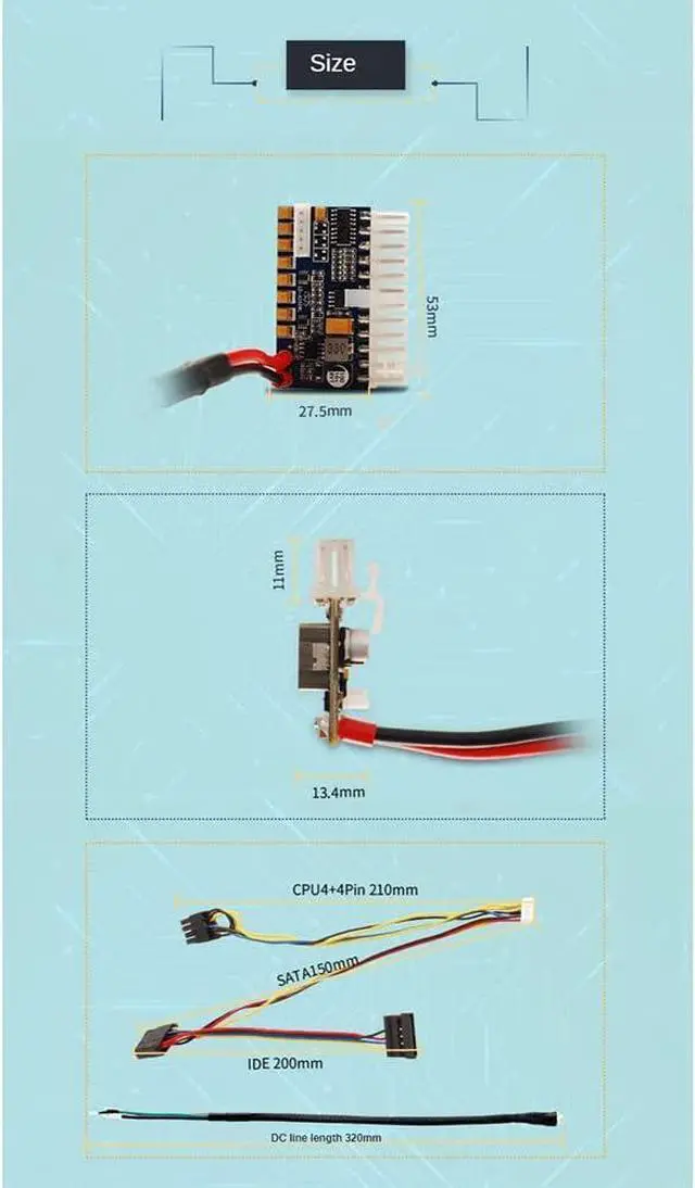 Alt view image 4 of 7 - PRIZOM Portable DC 12V 250W 24Pin ATX Connect with Motherboard Mini ITX Power Supply Pcio PSU Module for PC