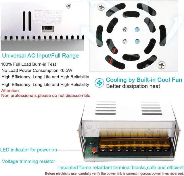 Alt view image 4 of 7 - EAGWELL 24V 25A DC Universal Regulated Switching Power Supply 600W for LED Strip Lights Module,CCTV,Radio,Computer Project, 3D Printer,LED Driver