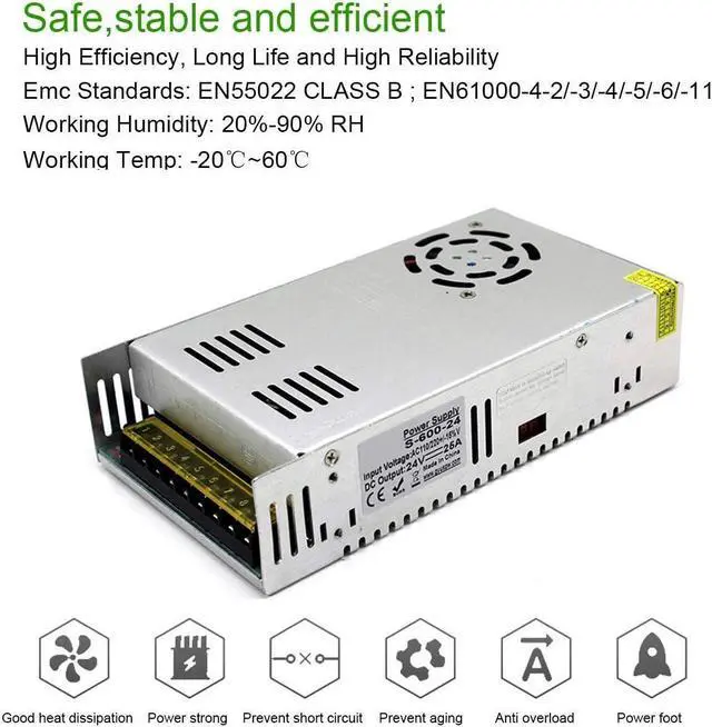 Alt view image 3 of 7 - EAGWELL 24V 25A DC Universal Regulated Switching Power Supply 600W for LED Strip Lights Module,CCTV,Radio,Computer Project, 3D Printer,LED Driver