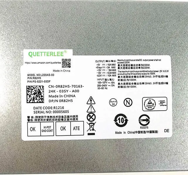 Alt view image 3 of 5 - QUETTERLEE Replacement New 220W Power Supply for Dell Inspiron 3647 660s Vostro 270 Gateway SX2300 Aspire X1200 X1300 Veriton X2110 X2610 eMachines L1200 L1210 Series L220AS-00 R82H5 0R82H5 R1216