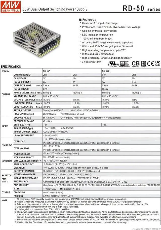 Alt view image 5 of 6 - MW Mean Well Enclosed Type RD-50A/B Non-PFC RD Series 50W Dual Output Switching Power Supply Multiple Output Voltages (RD-50B)