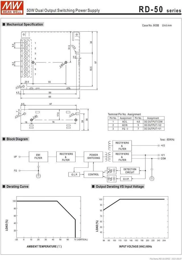 Alt view image 6 of 6 - MW Mean Well Enclosed Type RD-50A/B Non-PFC RD Series 50W Dual Output Switching Power Supply Multiple Output Voltages (RD-50B)
