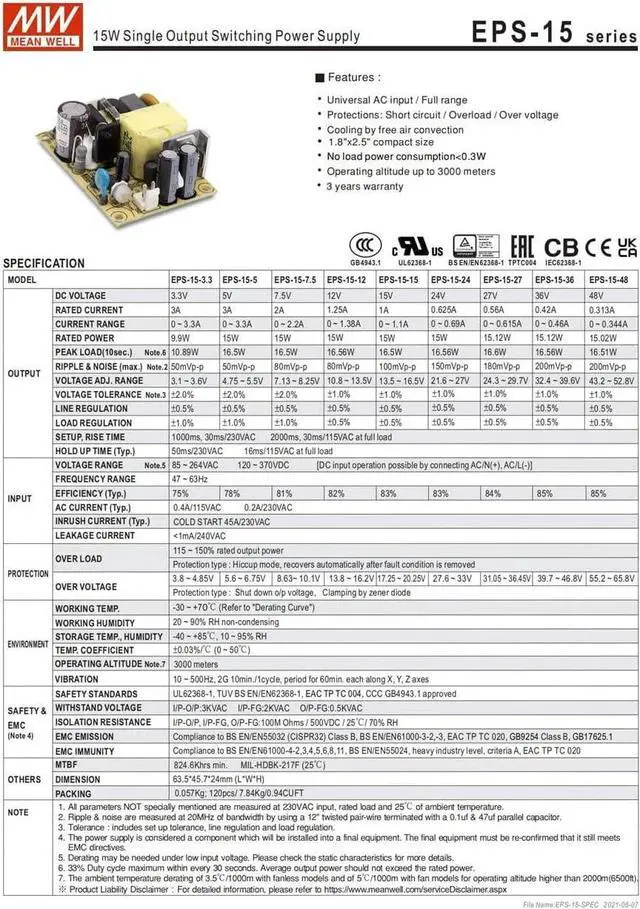 Alt view image 6 of 7 - MW Mean Well PCB Type EPS-15W-12/15/24/27/3.3/36/48/5/7.5V Industrial Single Output Switching Power Supply (EPS-15-7.5)