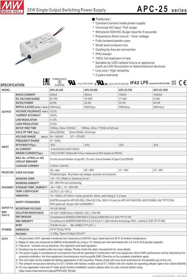 Alt view image 2 of 3 - Meanwell Genuine Quality APC-25-350 Single Output LED Driver Switching Power Supply 70V 350mA 25W AC/DC