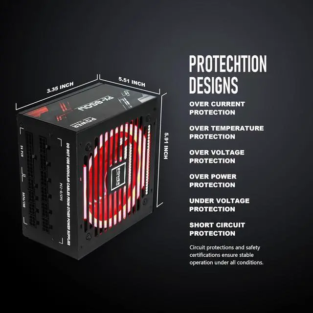 Alt view image 5 of 6 - 850 Watt Power Supply 80 Plus Gold - Silent 12cm RGB Fan, Full Modular, Active PFC, 105°C Capacitor - High-Performance 850W PSU for Gaming & ATX Case Computers, 5 Year Warranty