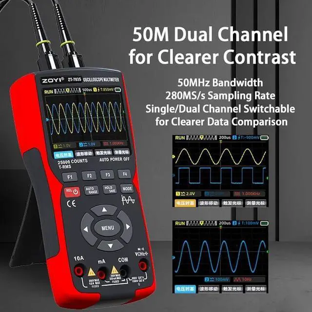 Alt view image 2 of 3 - ZT-703S 3 in 1 Oscilloscope Multimeter with 3.5 Inch IPS Display,25000 Counts, Dual Channel 50MHZ Bandwidth,280MSa/s High Real-time Sampling Rate,±400V Input Voltage,Measures Ohm-Volt-Tester
