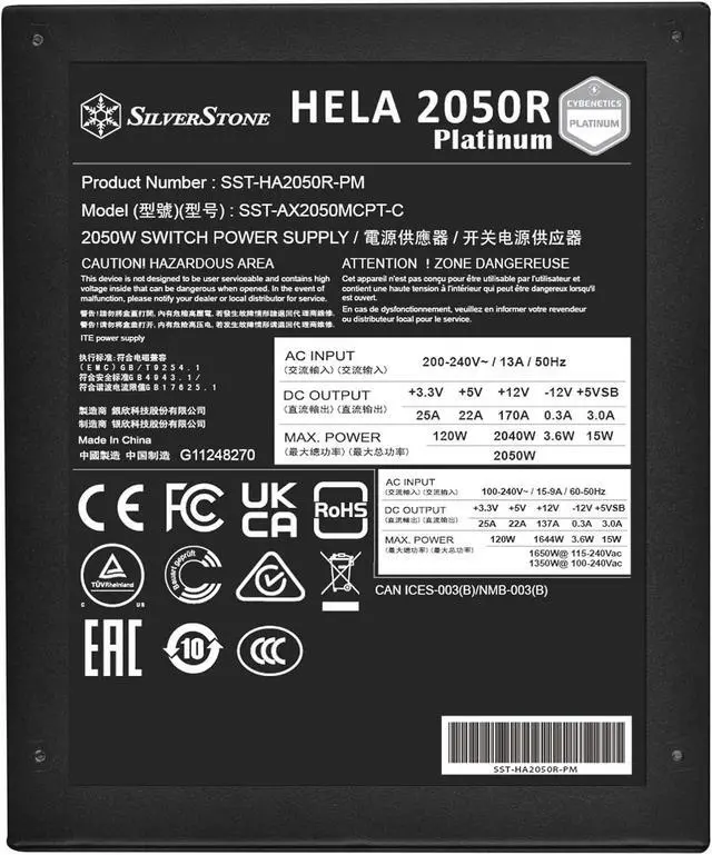 Alt view image 7 of 7 - Silverstone HELA 2050R Platinum Cybenetics Platinum Certified 2050W ATX Power Supply, SST-HA2050R-PM (SST-AX2050MCPT-C)