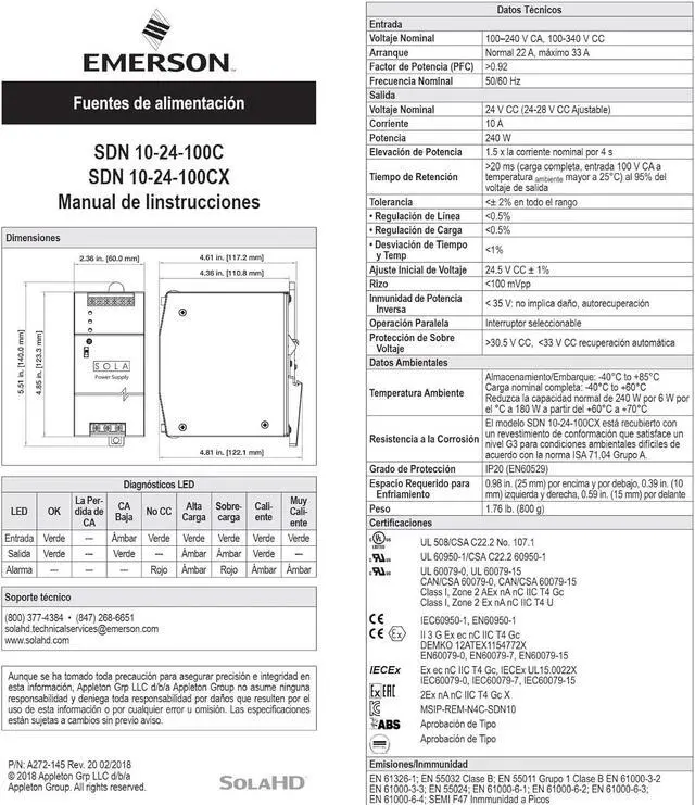 Alt view image 6 of 6 - Sola/Hevi-Duty SDN10-24-100C DC Power Supply, 24 VDC, 10 Amp, 60 Hz