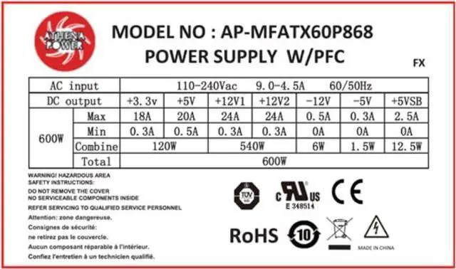 Alt view image 3 of 3 - AP-MFATX60P868 Flex ATX 600W Server Power Supply UL/TUV 62368-1 Safety Compliance Certified