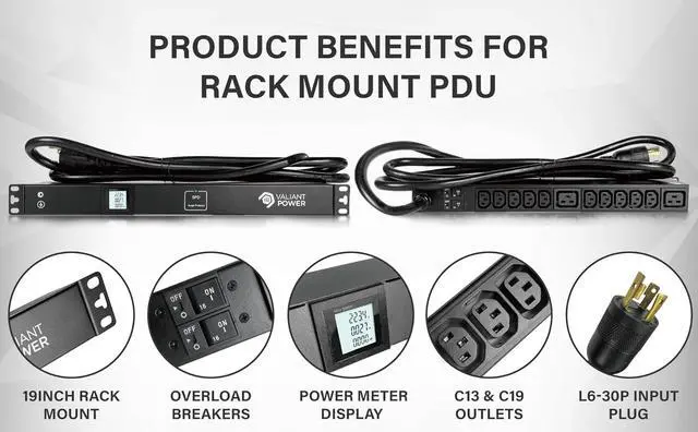 Alt view image 2 of 7 - Rack Mount Power Strip - 240V 30A 1C19 & 5 C13 outlets PDU with Built-in Surge Protector, Volt & Amp Meter for Data Center - 19\u201d Metal Housing, Ears & Fittings Included (10C13 2C19)