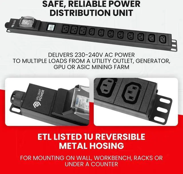 Alt view image 7 of 7 - Rack Mount Power Strip - 240V 30A 1C19 & 5 C13 outlets PDU with Built-in Surge Protector, Volt & Amp Meter for Data Center - 19\u201d Metal Housing, Ears & Fittings Included (3C19 8C13)