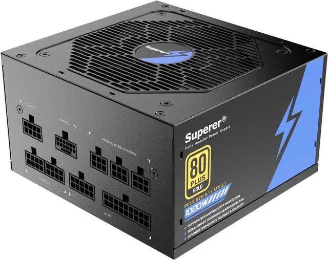 Main image of Superer 1000W PSU Power Supply Fully Modular, 80 Plus Gold, ATX 3.1 3.0, PCIE 5.1 5.0, 12VHPWR, Low Noise, Japanese Capacitors, (CE Safety Certified) 1000 watt