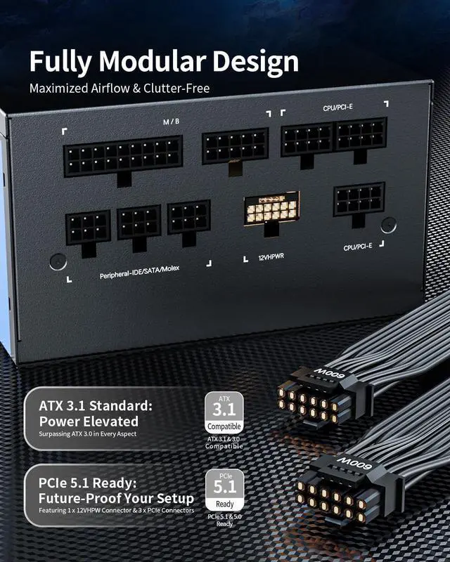 Alt view image 2 of 7 - Superer 1000W PSU Power Supply Fully Modular, 80 Plus Gold, ATX 3.1 3.0, PCIE 5.1 5.0, 12VHPWR, Low Noise, Japanese Capacitors, (CE Safety Certified) 1000 watt