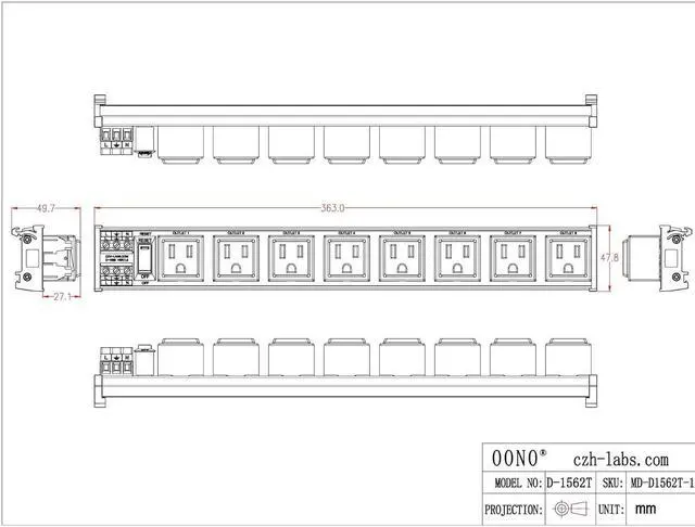 Alt view image 5 of 7 - DIN Rail Mount AC 120V NEMA 5-15R 8 Receptacles Outlet Power Strip Module, with Rocker Switch Thermal Circuit Breaker Overload Protector
