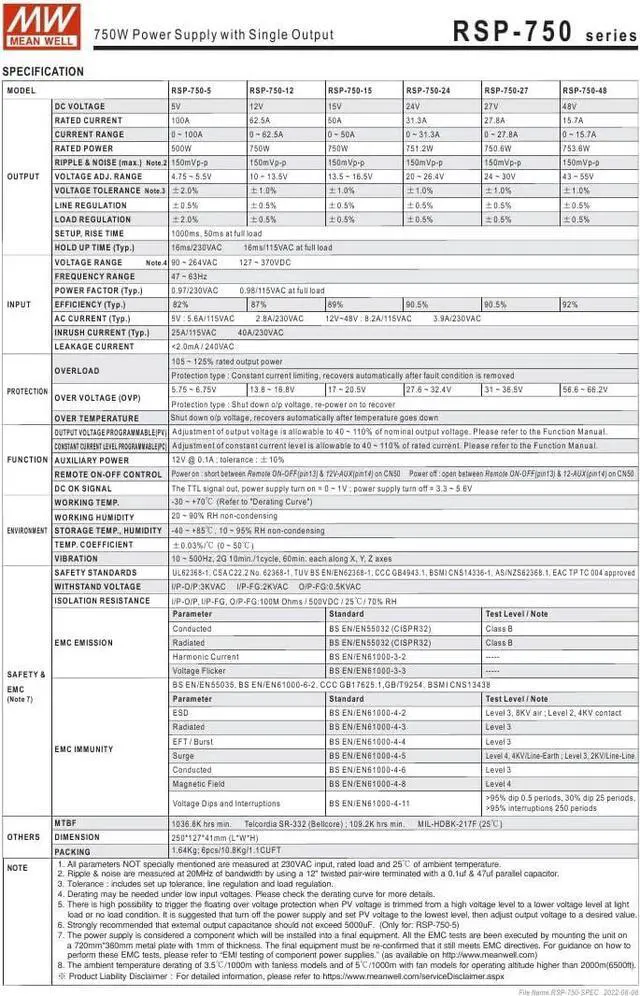 Alt view image 6 of 7 - Mean Well RSP-750-24 751.2W Power Supply with Single Output RSP-750 24V/31.3A