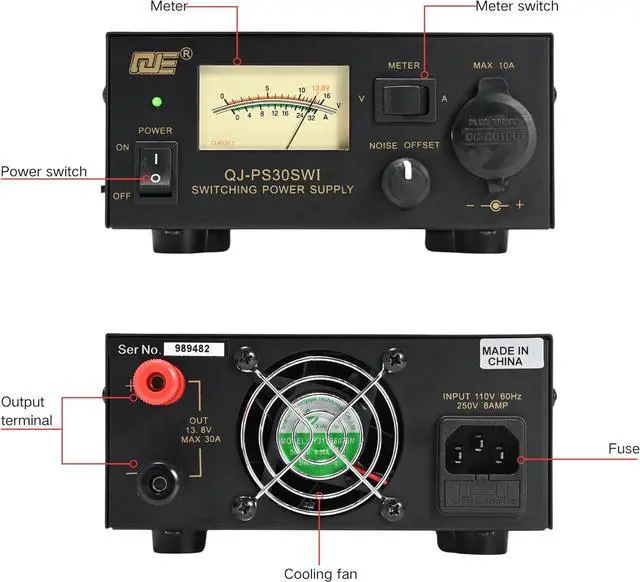 Alt view image 5 of 7 - 13.8V 30A Bench Power Supply, Analog DC Power Supply with Cigarette Plug, Ham Radio Regulated Switching Power Supply, Noise Offset Control