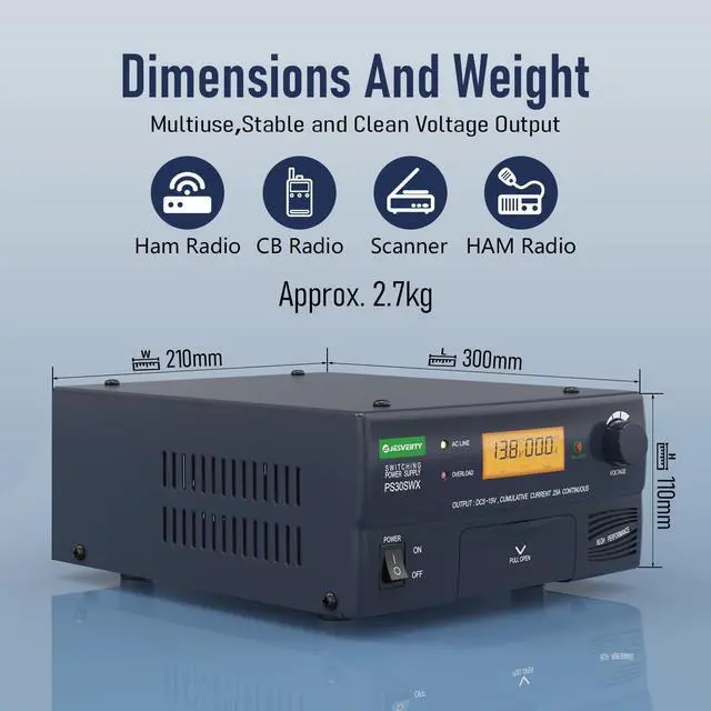 Alt view image 3 of 7 - PS-30SWX DC Regulated Universal Bench Power Supply, AC-to-DC Power Convertor, 13.8V(5-15V Adjustable) 30A(Max), w/Audio Jack&Speaker, Callsign Storage, Multiple Connections for HAM&Amateur