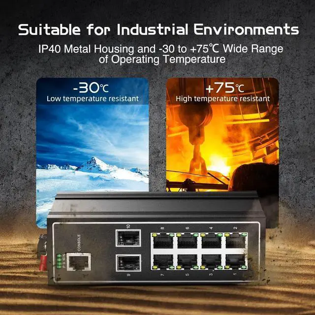 Alt view image 3 of 7 - Binardat 10 Port Gigabit L2+ Managed Industrial DIN-Rail Switch, 8 Gigabit Ethernet Ports, 2 Gigabit SFP, Vlan|Route|Ring|ACL|Qos Web/Console Managed