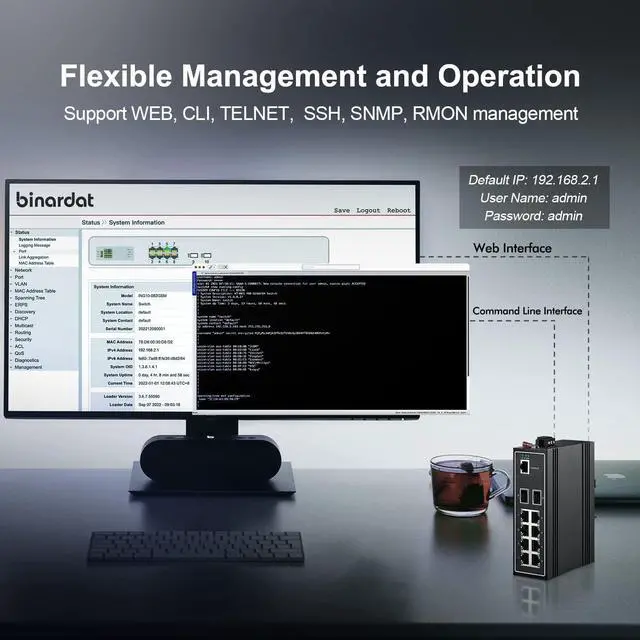Alt view image 7 of 7 - Binardat 10 Port Gigabit L2+ Managed Industrial DIN-Rail Switch, 8 Gigabit Ethernet Ports, 2 Gigabit SFP, Vlan|Route|Ring|ACL|Qos Web/Console Managed
