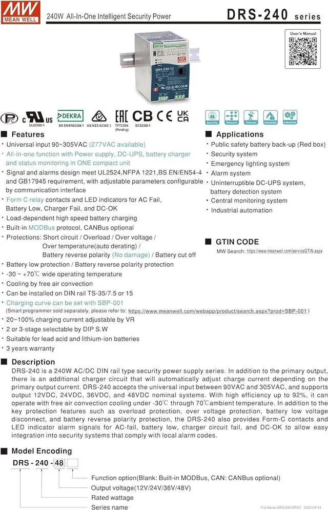 Alt view image 2 of 7 - Mean Well DRS-240-36 36V Guide Power Supply DRS-240