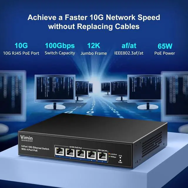 Alt view image 2 of 7 - 4-Port 10G PoE Switch Unmanaged with 10G Uplink Port, VIMIN 4-Port 10Gbe PoE Network Switch, Auto-Negotiation, for 10G NAS Network, Support IEEE802.3af/at, Plug & Play
