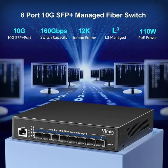 Alt view image 2 of 7 - 8 Port 10G SFP Managed Switch, VIMIN 10G Web Ethernet Switch+Fiber Ports,Web/CLI L3 Smart Managed Rackmount 10Gbps Switch, Link Aggregation, VLAN, QoS, ACL, 160Gbps Bandwidth