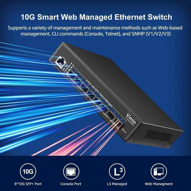 Alt view image 3 of 7 - 8 Port 10G SFP Managed Switch, VIMIN 10G Web Ethernet Switch+Fiber Ports,Web/CLI L3 Smart Managed Rackmount 10Gbps Switch, Link Aggregation, VLAN, QoS, ACL, 160Gbps Bandwidth