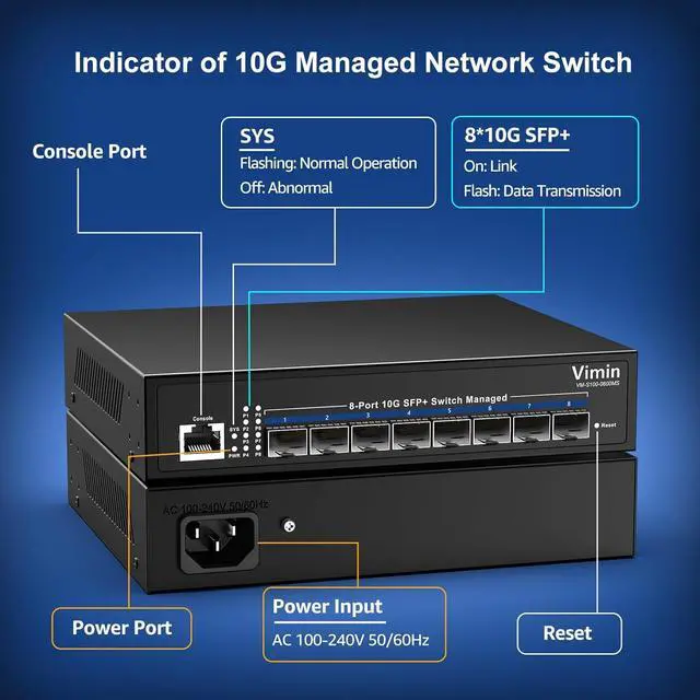 Alt view image 4 of 7 - 8 Port 10G SFP Managed Switch, VIMIN 10G Web Ethernet Switch+Fiber Ports,Web/CLI L3 Smart Managed Rackmount 10Gbps Switch, Link Aggregation, VLAN, QoS, ACL, 160Gbps Bandwidth
