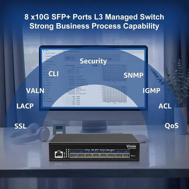 Alt view image 7 of 7 - 8 Port 10G SFP Managed Switch, VIMIN 10G Web Ethernet Switch+Fiber Ports,Web/CLI L3 Smart Managed Rackmount 10Gbps Switch, Link Aggregation, VLAN, QoS, ACL, 160Gbps Bandwidth